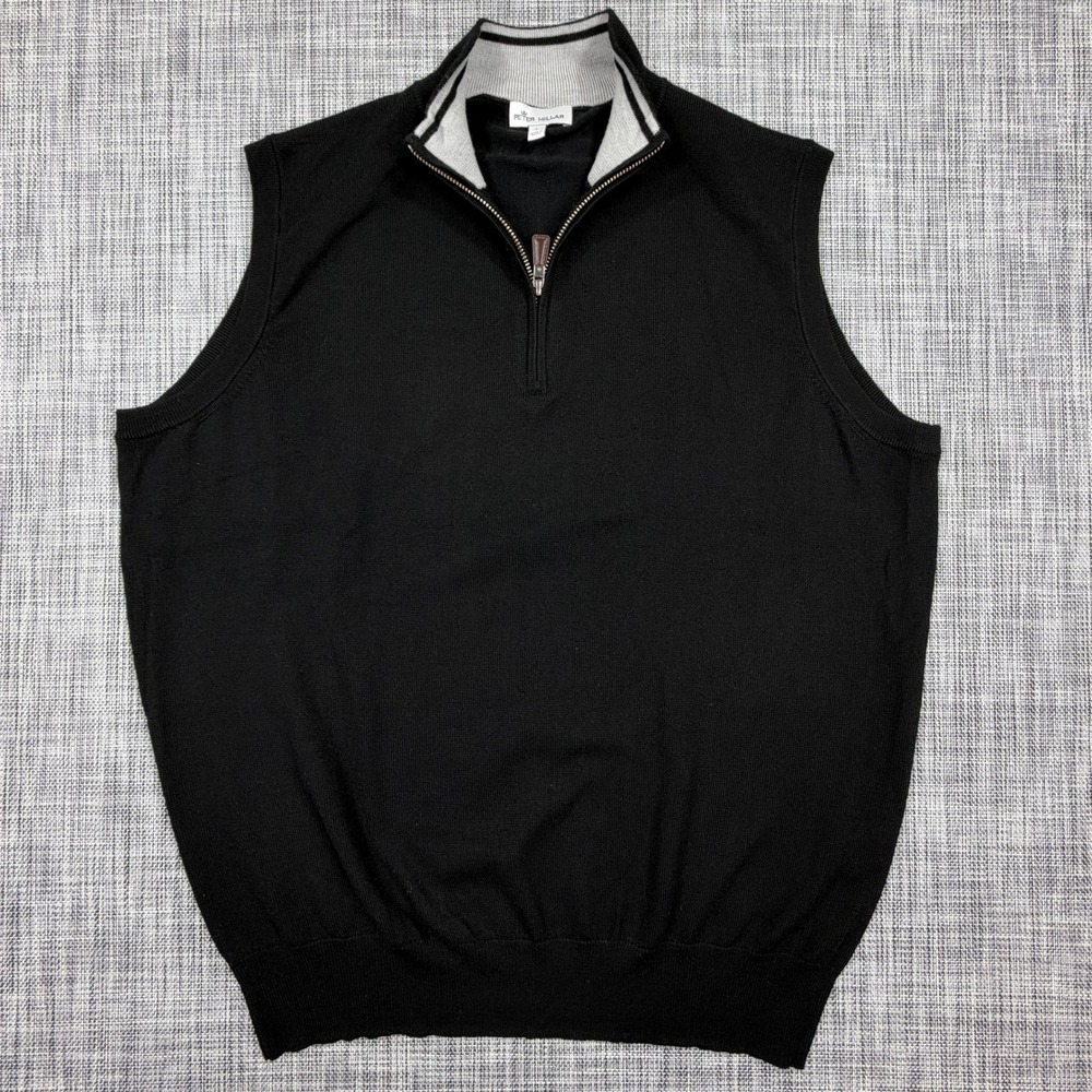 Peter Millar Mens L Black Merino Wool Silk Blend Quarter Zip Knit Sweater Vest